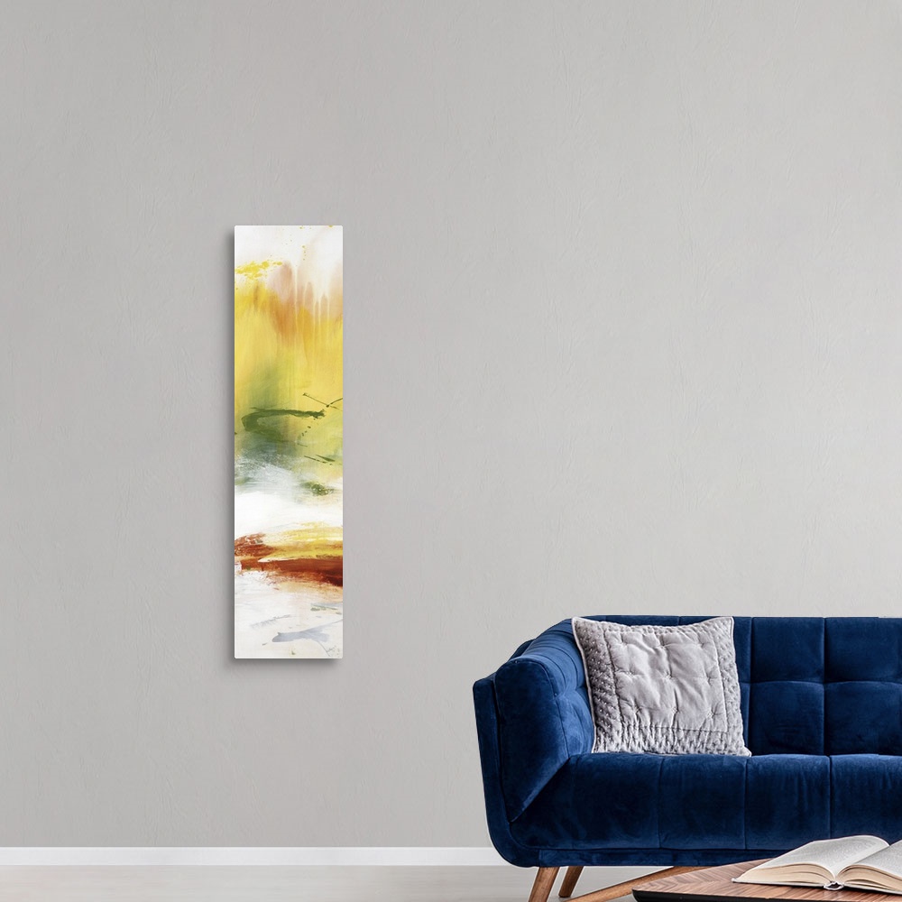 A modern room featuring Large vertical abstract painting with bold strokes of paint in white, yellow and orange.