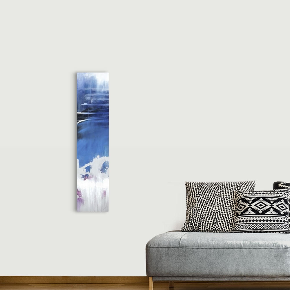 A bohemian room featuring Large vertical abstract painting with bold strokes of paint in white, blue and purple.
