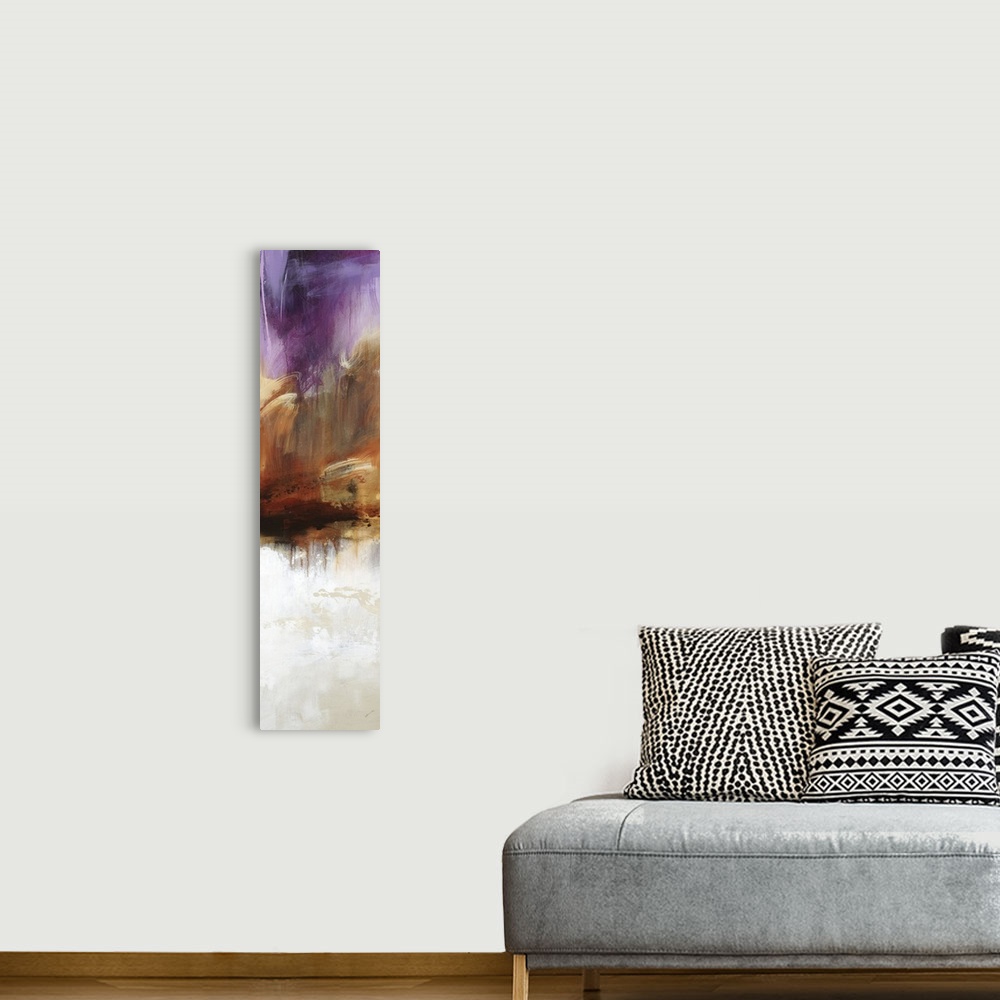 A bohemian room featuring Large vertical abstract painting with bold strokes of paint in white, brown and purple.