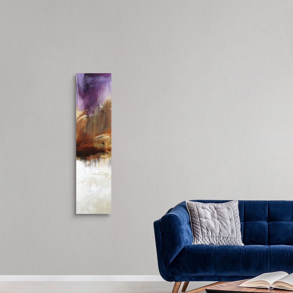 A modern room featuring Large vertical abstract painting with bold strokes of paint in white, brown and purple.