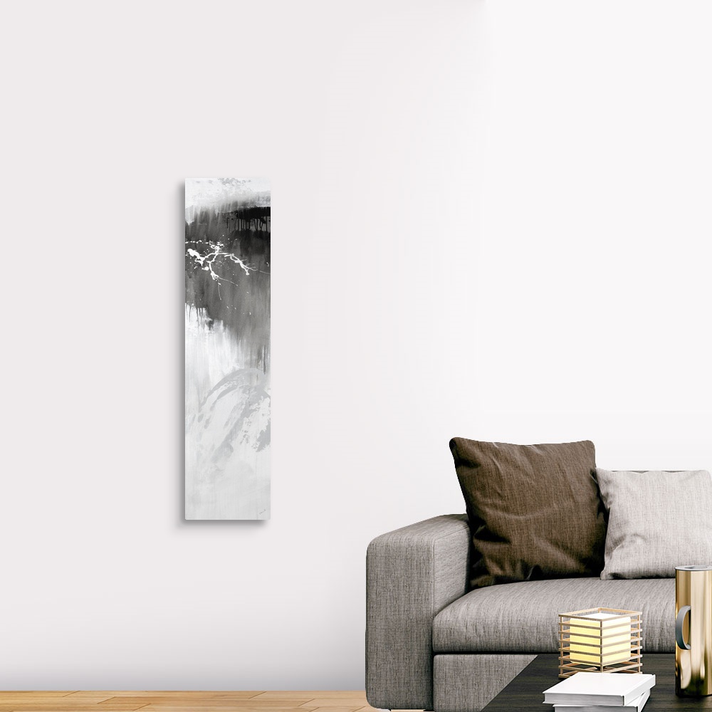 A traditional room featuring Large vertical abstract painting with bold strokes of paint in white and gray.