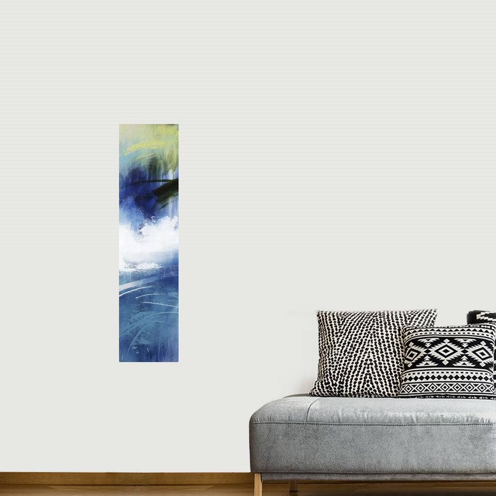 A bohemian room featuring Large vertical abstract painting with bold strokes of paint in white, blue and green.