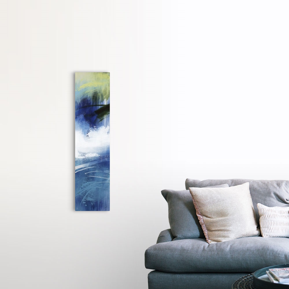 A farmhouse room featuring Large vertical abstract painting with bold strokes of paint in white, blue and green.