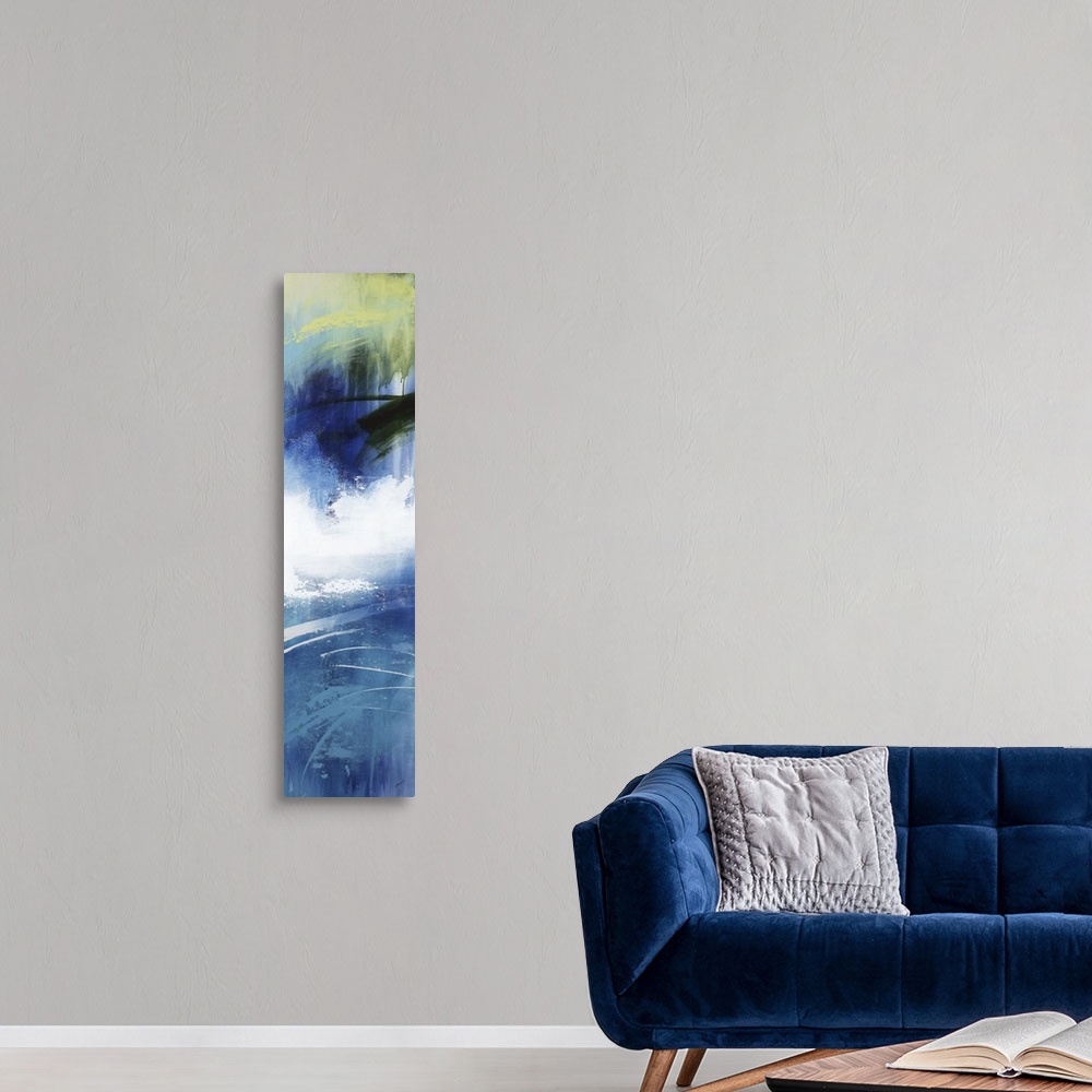 A modern room featuring Large vertical abstract painting with bold strokes of paint in white, blue and green.