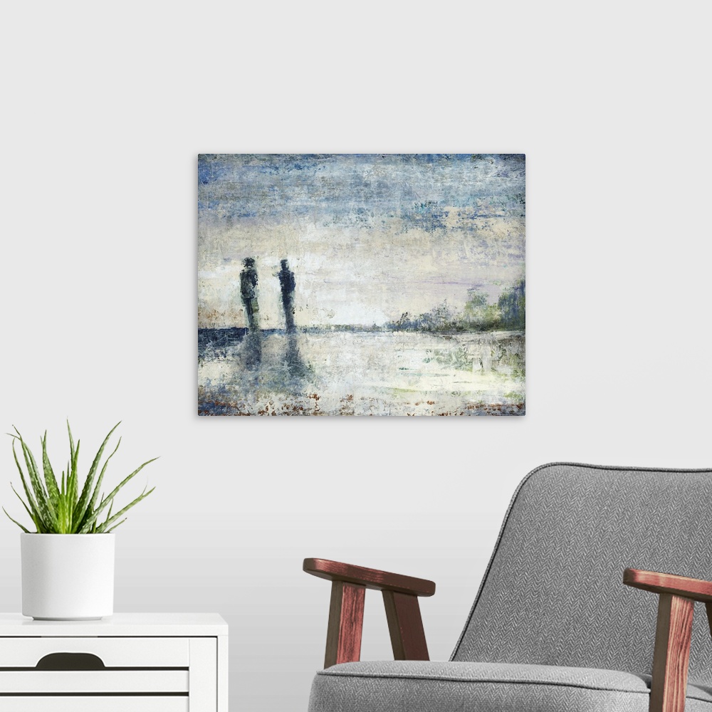 A modern room featuring Contemporary painting of two human figures standing next to each other on the horizon, beneath a ...
