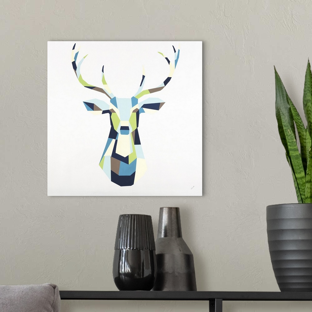 A modern room featuring Painting of a deer with antlers using geometric colored shapes.