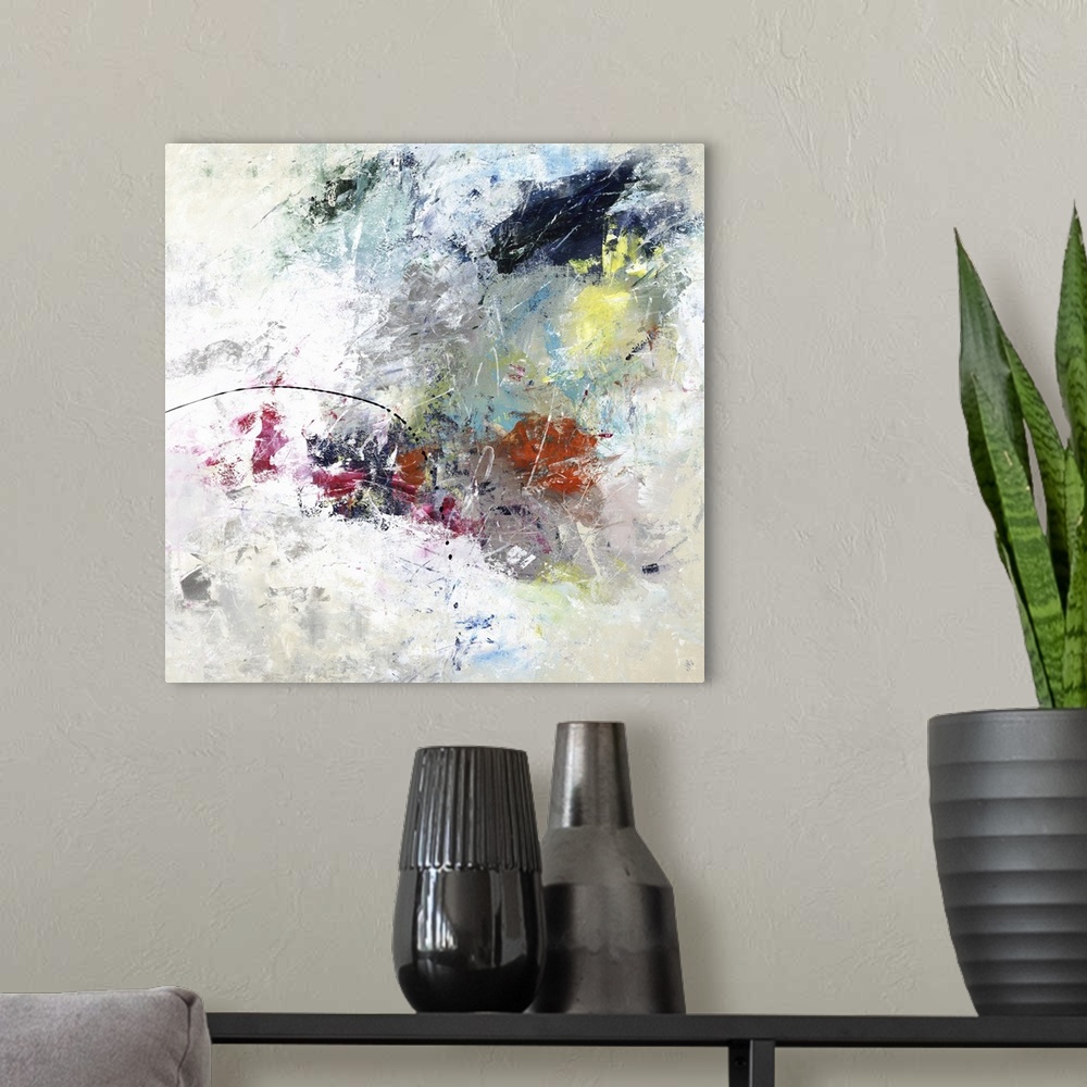 A modern room featuring Abstract painting of textured brush strokes with orange and yellow accents.