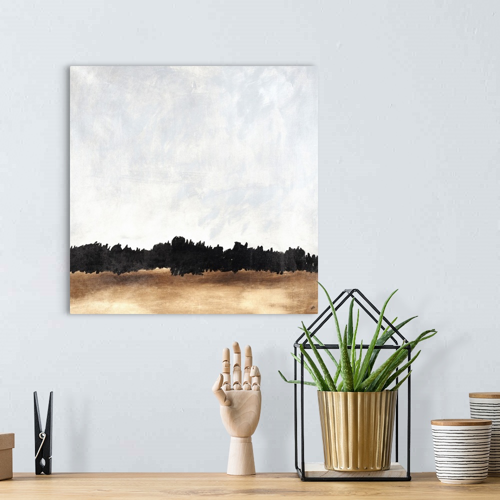 A bohemian room featuring A contemporary abstract painting resembling a silhouetted skyline from a great distance.