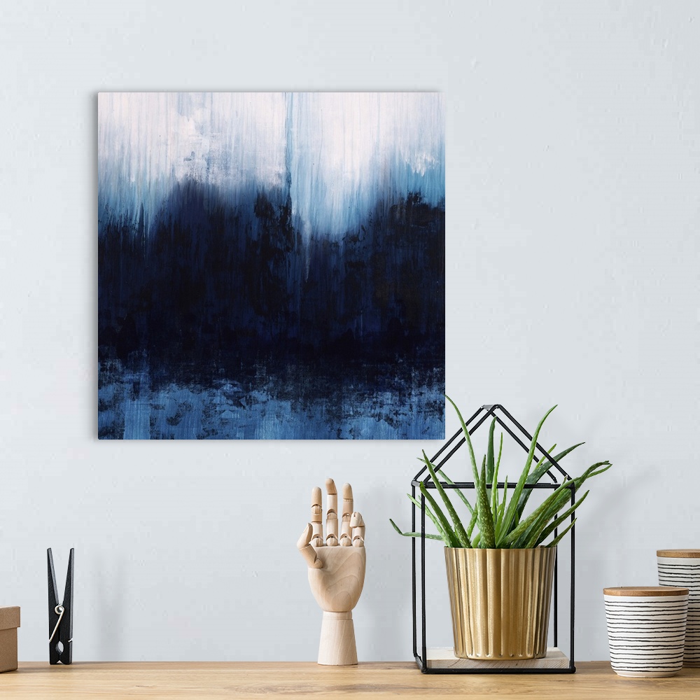 A bohemian room featuring Contemporary abstract painting using dark blue and gray tones in a vertically blurred motion.