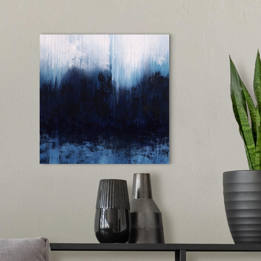 A modern room featuring Contemporary abstract painting using dark blue and gray tones in a vertically blurred motion.