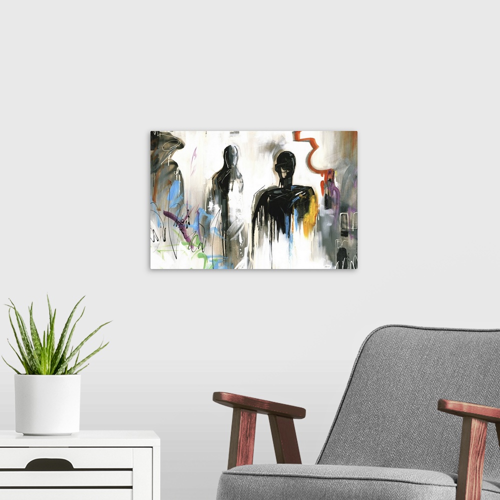 A modern room featuring Large abstract painting with dark figures and sporadic lines and shapes in various bright hues.