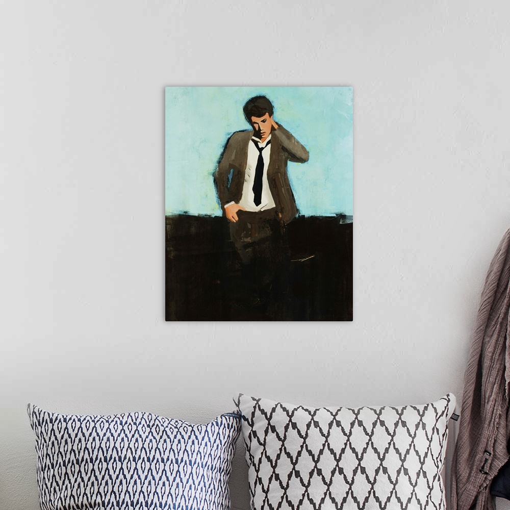 A bohemian room featuring Portrait painting of a man in a suit and tie, standing with one hand on hip, the other reaching t...