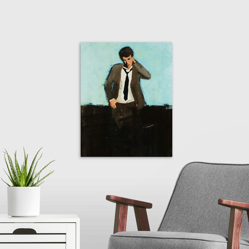 A modern room featuring Portrait painting of a man in a suit and tie, standing with one hand on hip, the other reaching t...