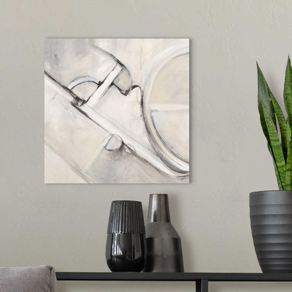 A modern room featuring Contemporary abstract painting using gray tones and bold lines to create geometric shapes.