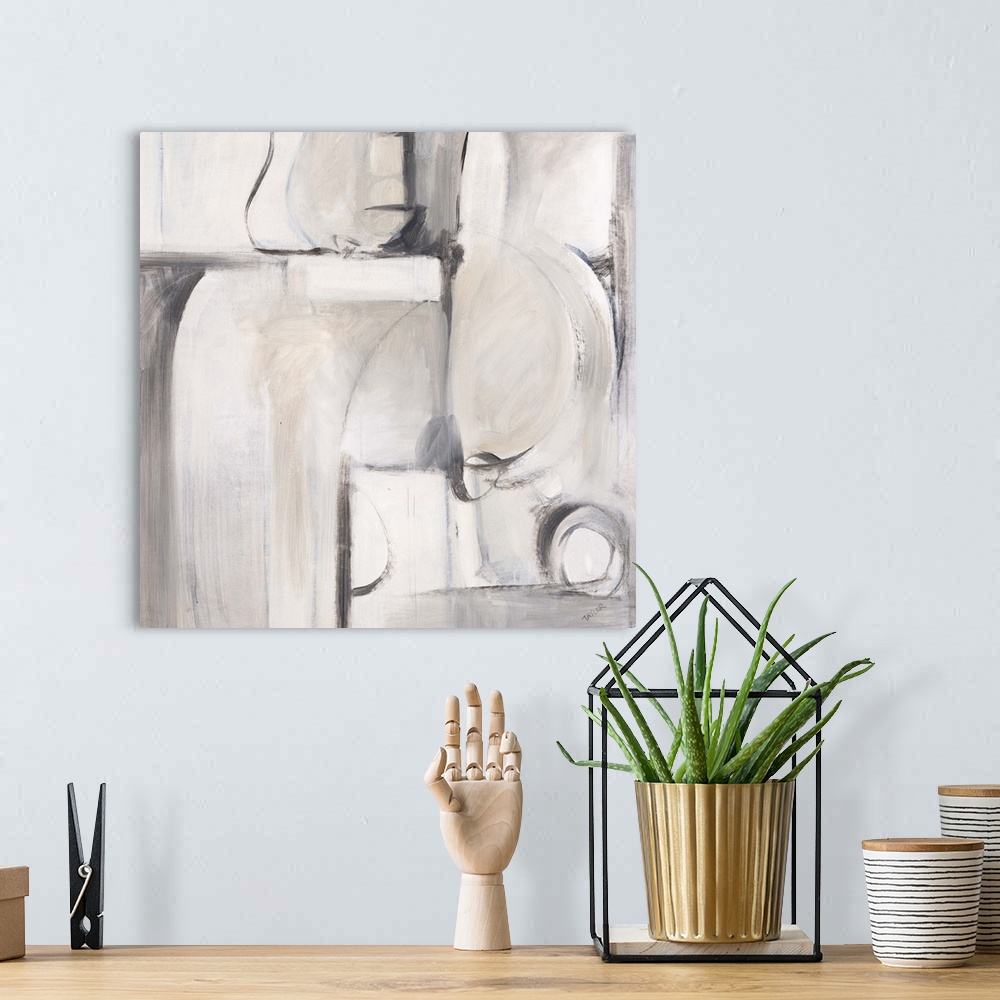 A bohemian room featuring Contemporary abstract painting using gray tones and bold lines to create geometric shapes.