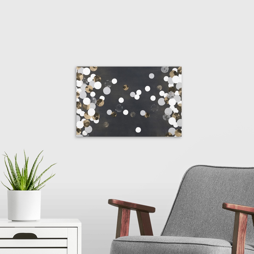 A modern room featuring Contemporary abstract painting with silver and white dots floating over a black space.