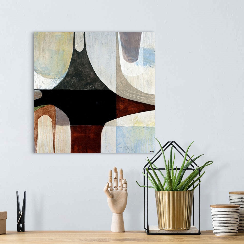A bohemian room featuring Contemporary and abstract painting of shapes arranged together to make one large composition.  Ea...