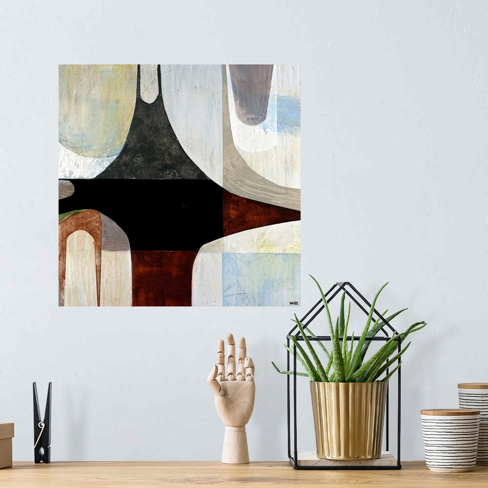 A bohemian room featuring Contemporary and abstract painting of shapes arranged together to make one large composition.  Ea...