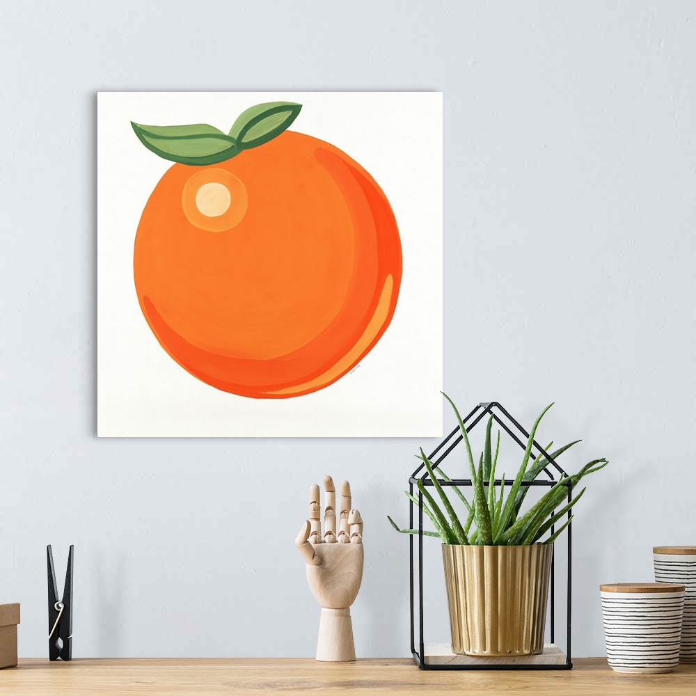 A bohemian room featuring Simple cheerful painting of a single orange.