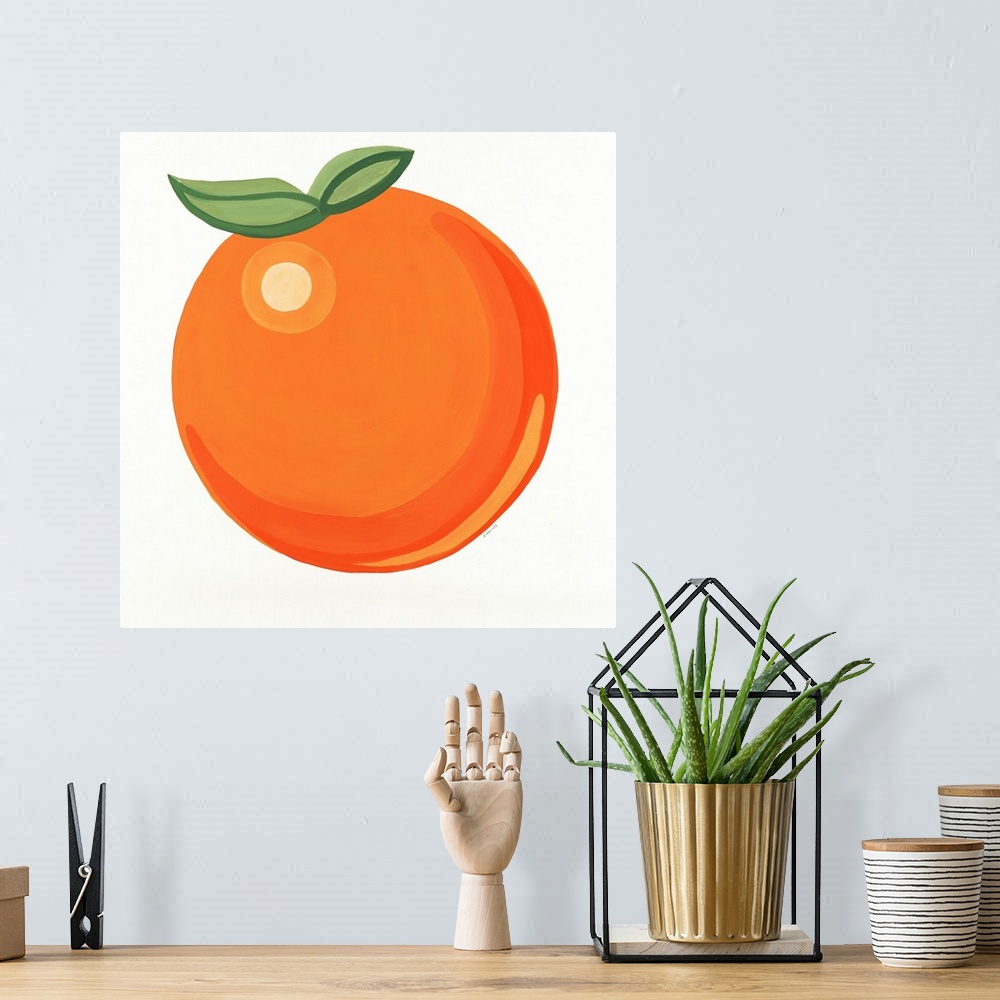 A bohemian room featuring Simple cheerful painting of a single orange.