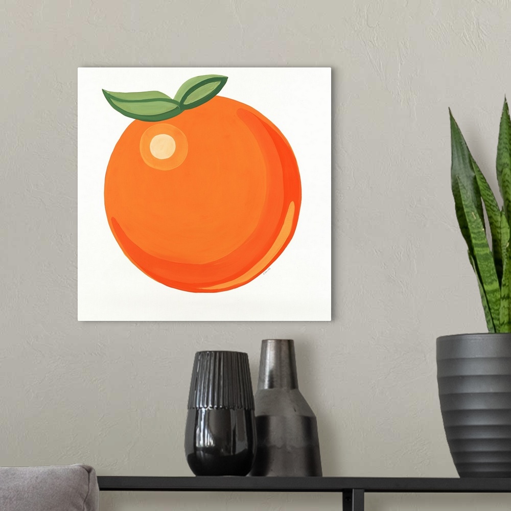 A modern room featuring Simple cheerful painting of a single orange.