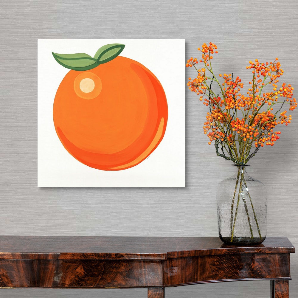 A traditional room featuring Simple cheerful painting of a single orange.