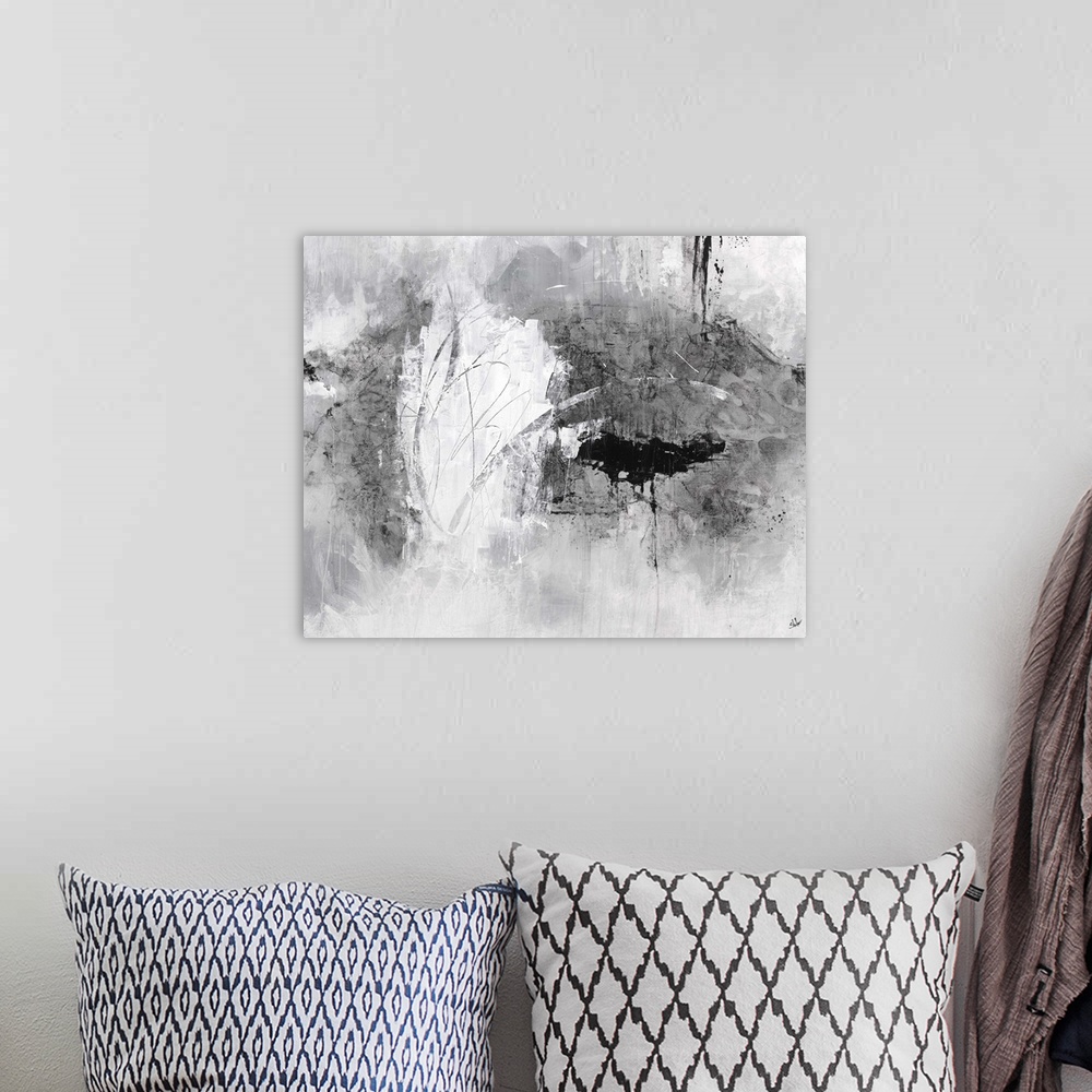 A bohemian room featuring Contemporary abstract artwork in gritty shades of white and grey.