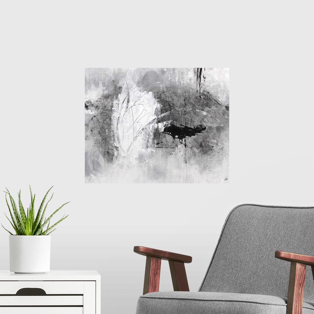 A modern room featuring Contemporary abstract artwork in gritty shades of white and grey.