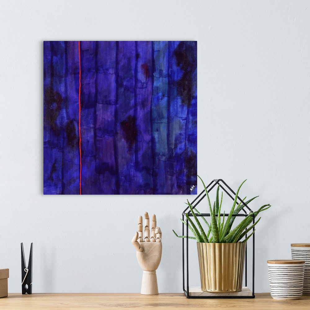 A bohemian room featuring Contemporary abstract painting of a thin red line against a dark purple background.