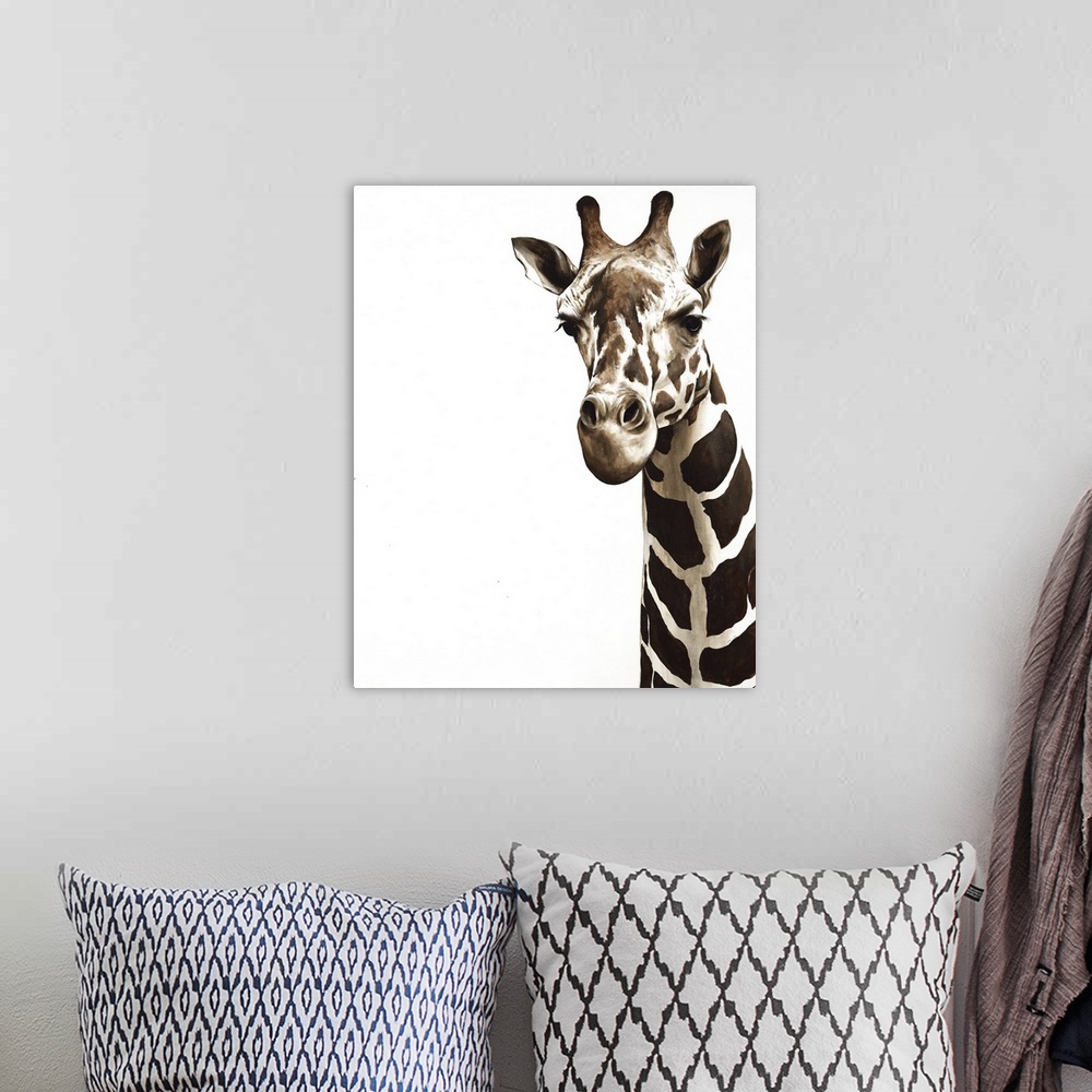 A bohemian room featuring Contemporary painting of a close-up of a giraffe looking forward.