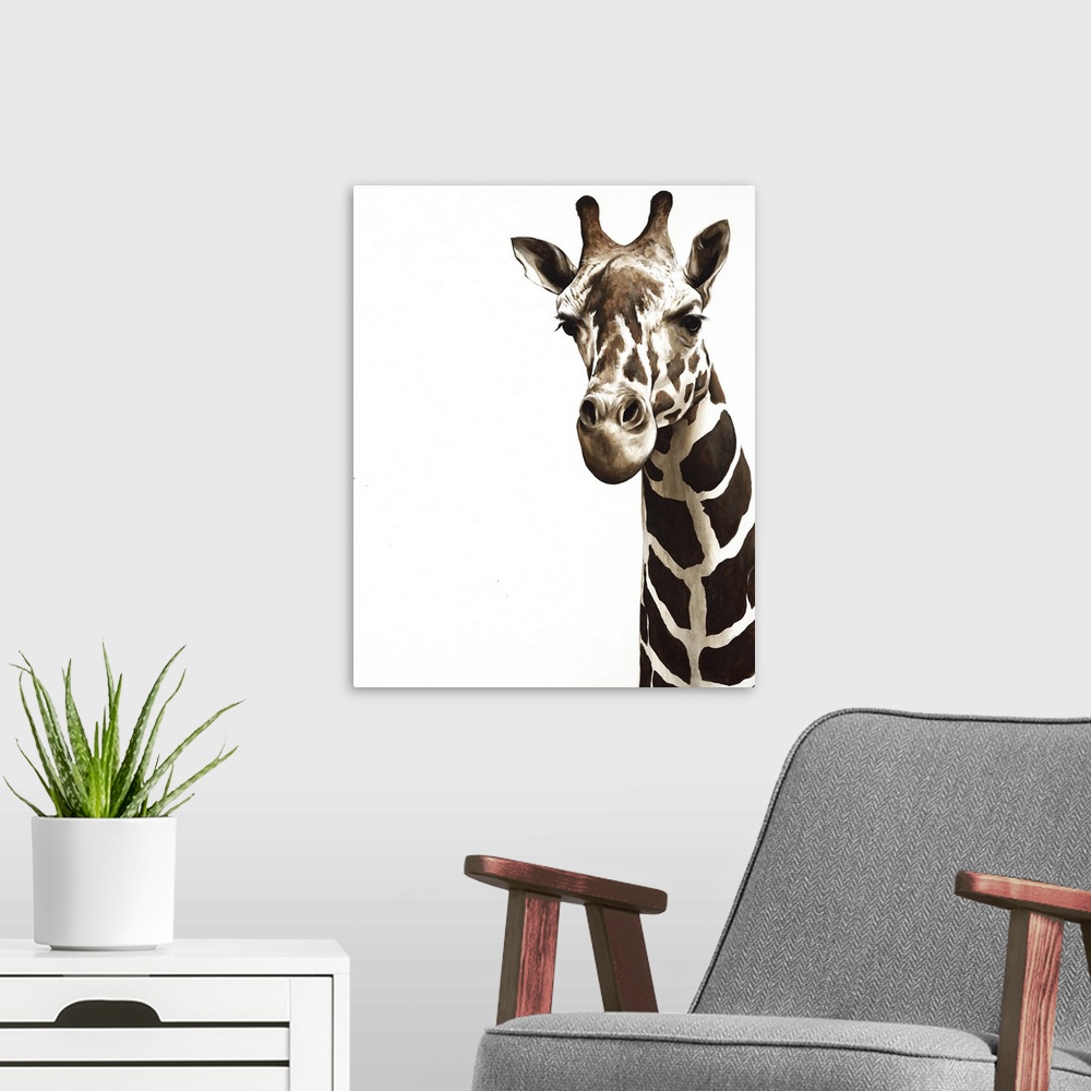 A modern room featuring Contemporary painting of a close-up of a giraffe looking forward.