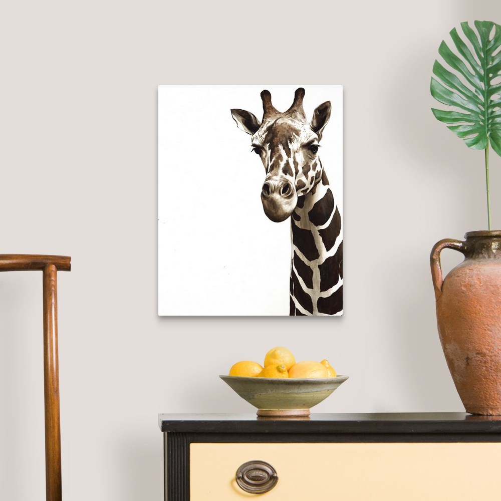 A traditional room featuring Contemporary painting of a close-up of a giraffe looking forward.