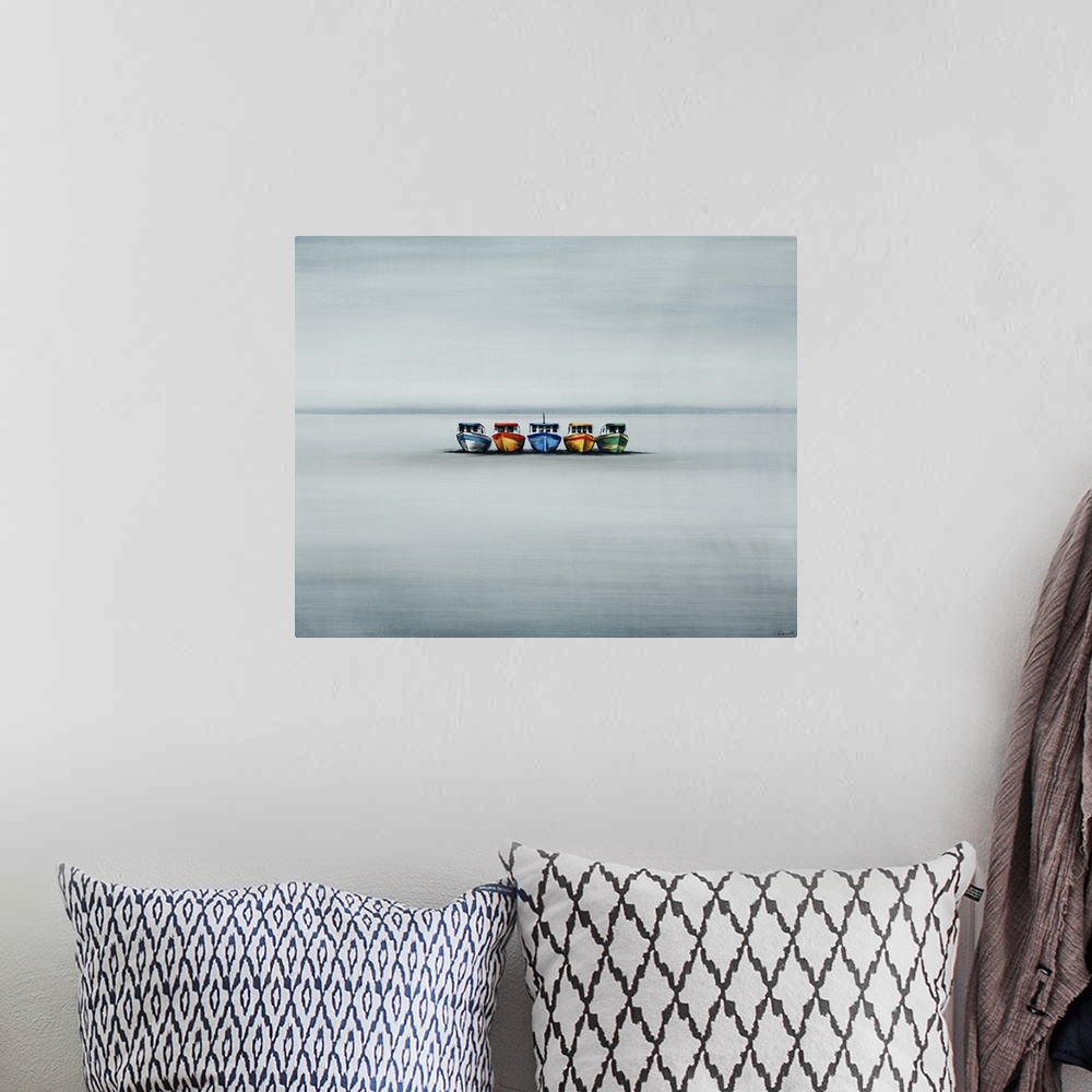 A bohemian room featuring Contemporary painting of five small vibrant boats in various colors, sitting in the middle of sti...