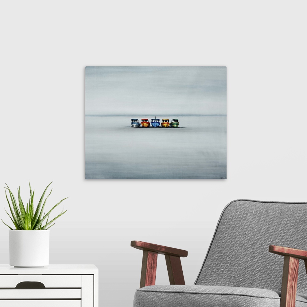 A modern room featuring Contemporary painting of five small vibrant boats in various colors, sitting in the middle of sti...