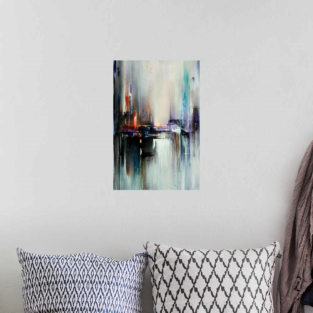 A bohemian room featuring Portrait, large contemporary artwork for a living room or office of a patch, horizontal line exte...