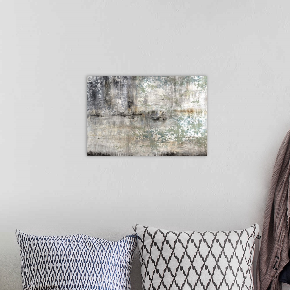 A bohemian room featuring Contemporary abstract painting in gritty grey and black tones.