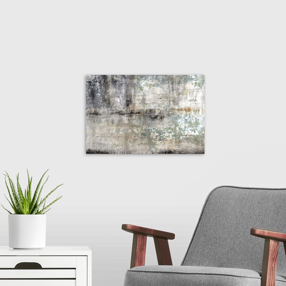A modern room featuring Contemporary abstract painting in gritty grey and black tones.