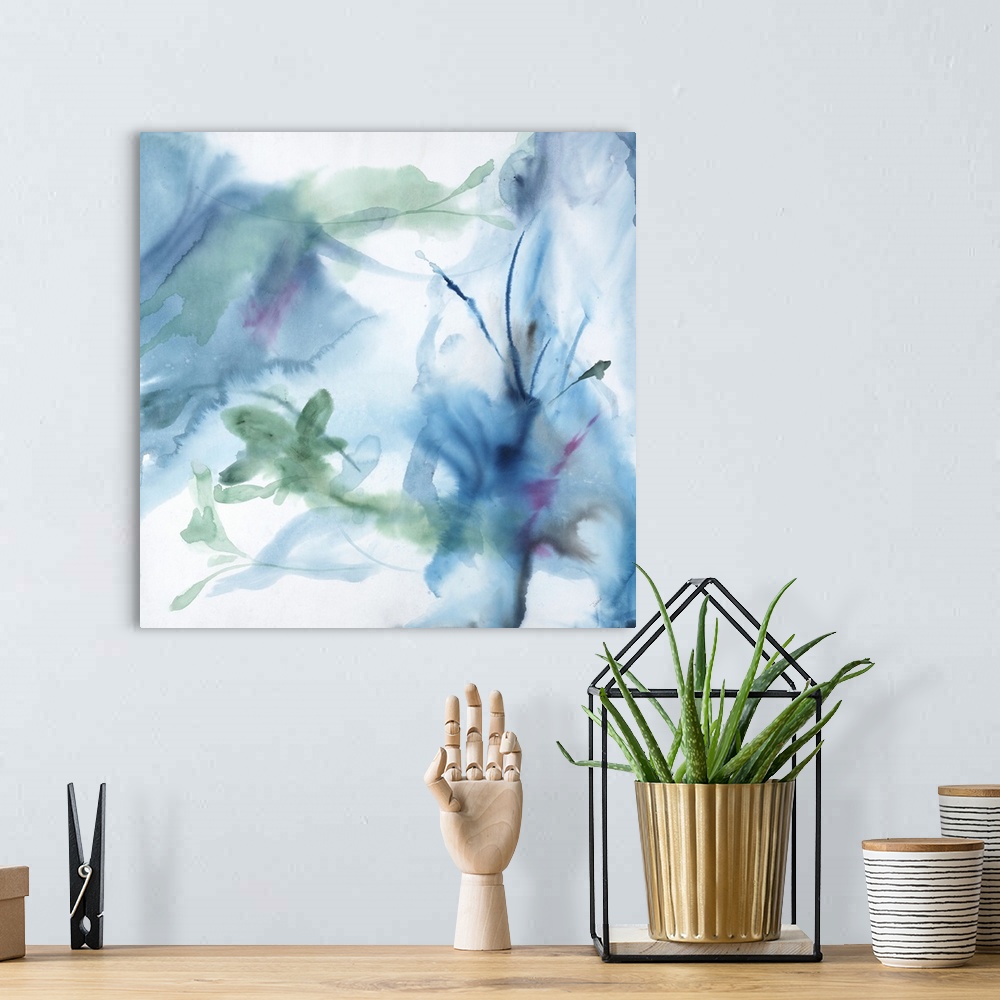 A bohemian room featuring A contemporary watercolor painting of shapes resembling plants, fading into the white background.