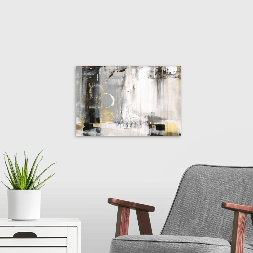 A modern room featuring Large abstract painting with white and gray hues on the background and black, brown, and yellow h...