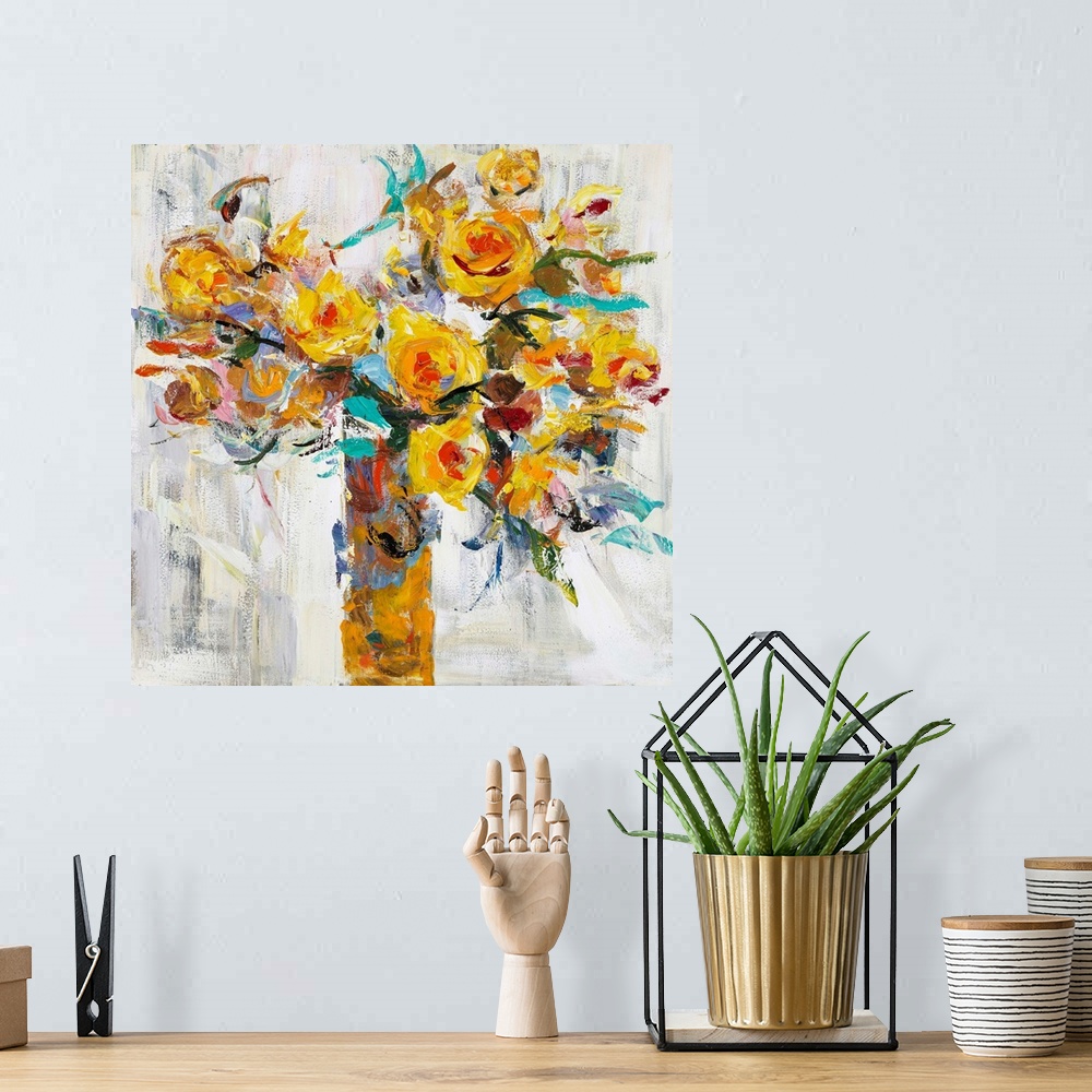 A bohemian room featuring Painted Vase Of Flowers