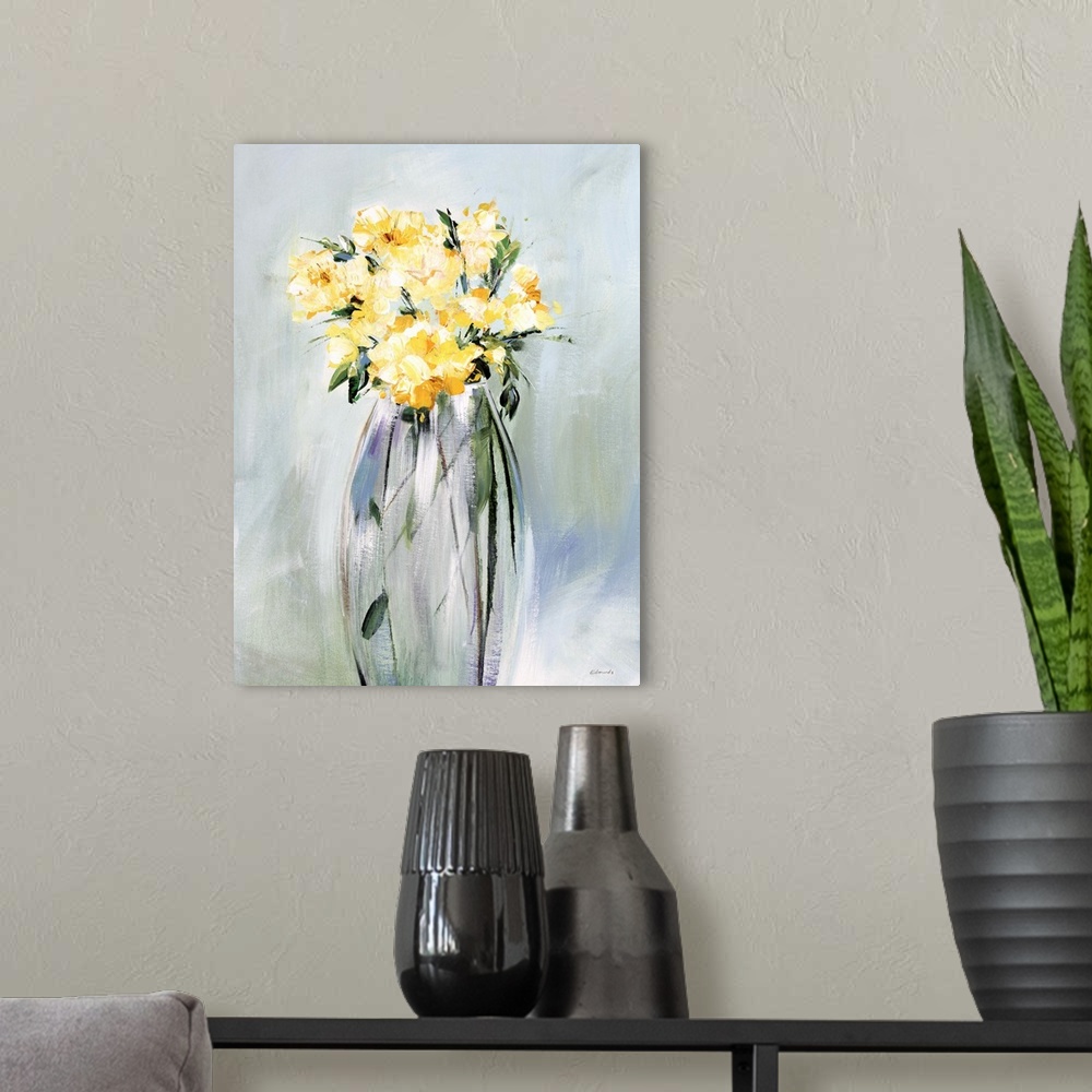 A modern room featuring Floral painting of a golden bouquet in a tall glass vase, on a background of vertically streaked ...