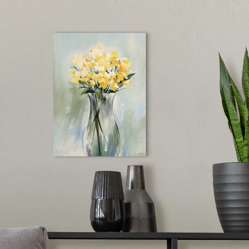 A modern room featuring Floral painting of a golden bouquet in a tall glass vase, on a background of vertically streaked ...