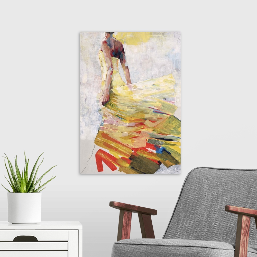 A modern room featuring Contemporary painting of a woman facing away from the viewer wearing a yellow dress that looks as...