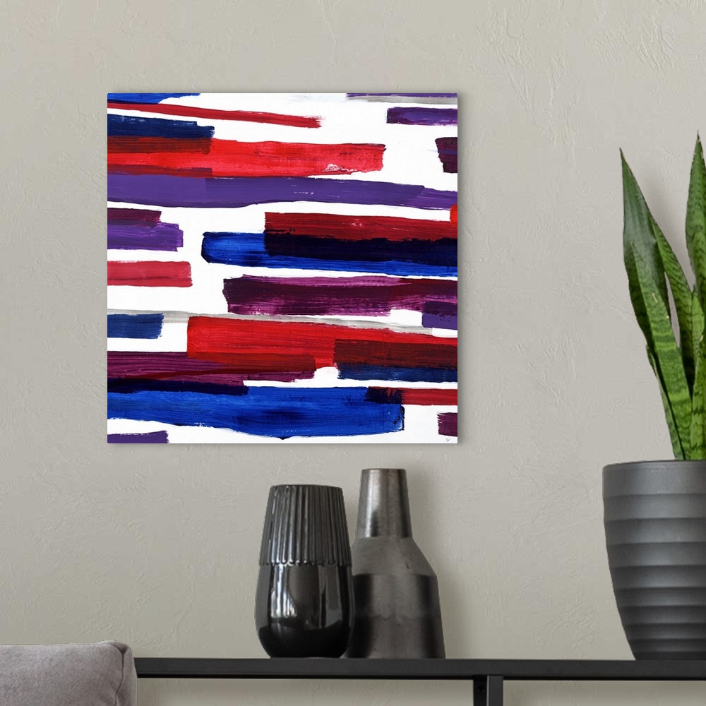 A modern room featuring Contemporary abstract painting with horizontal bars made of red, purple, blue, and gray hues comi...