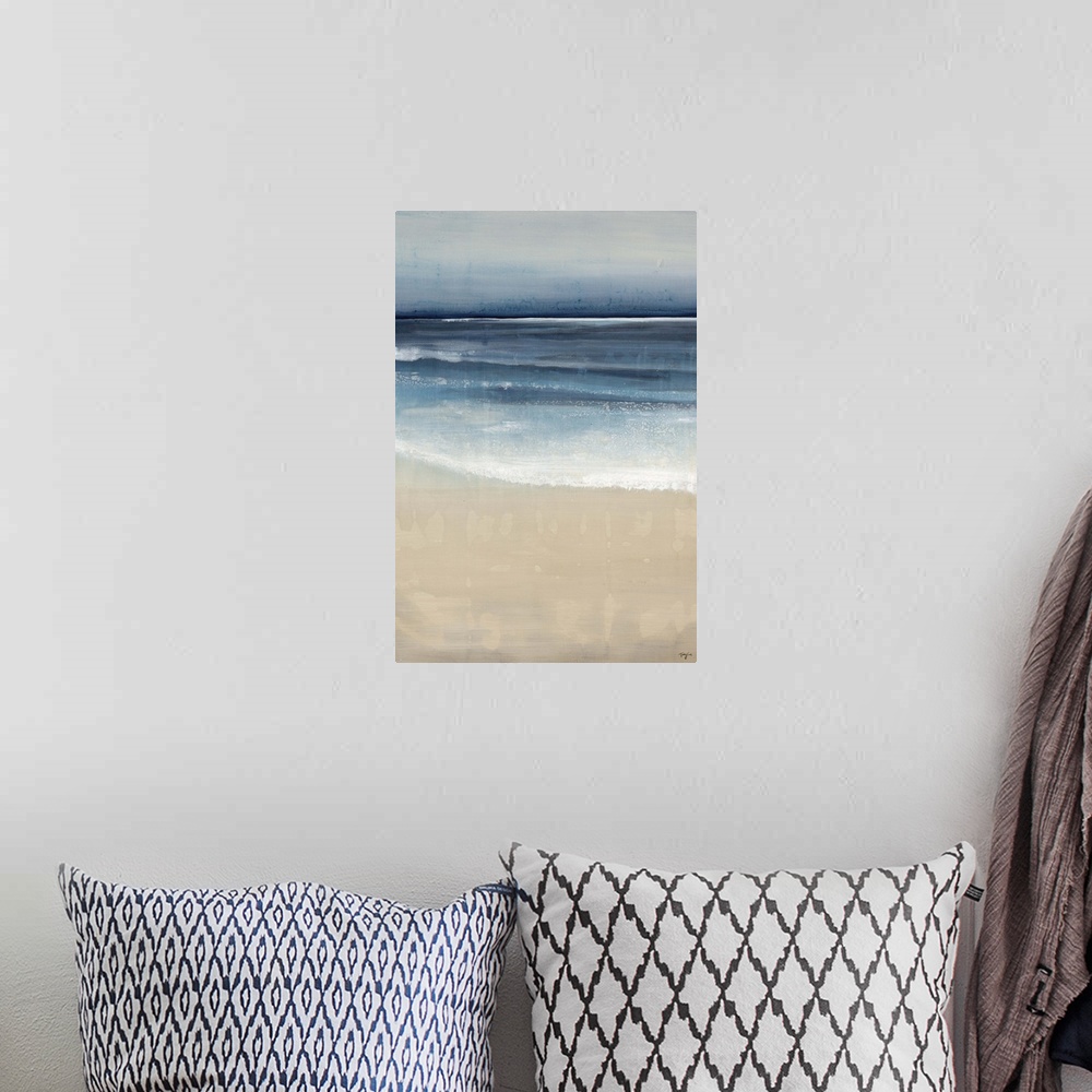 A bohemian room featuring Contemporary painting of a peaceful beach scene, where the ocean and sand meet.