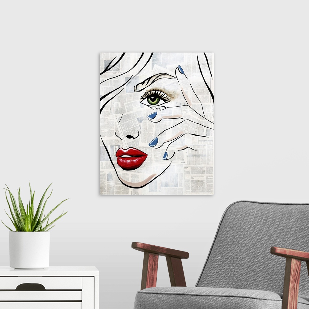A modern room featuring Illustration of a woman with blue painted fingernails and bright red lips, painted on a backgroun...
