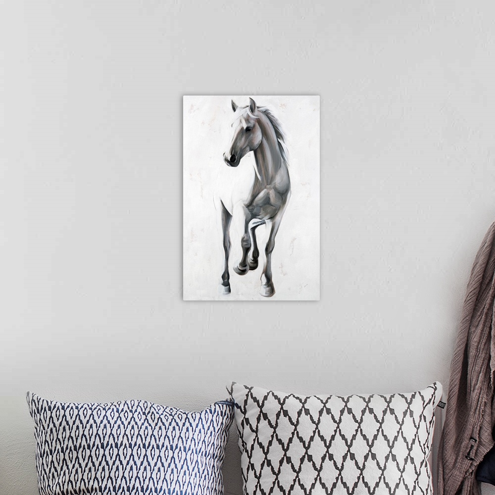 A bohemian room featuring Contemporary painting of a horse with 2 legs up in black and white with brown highlights.
