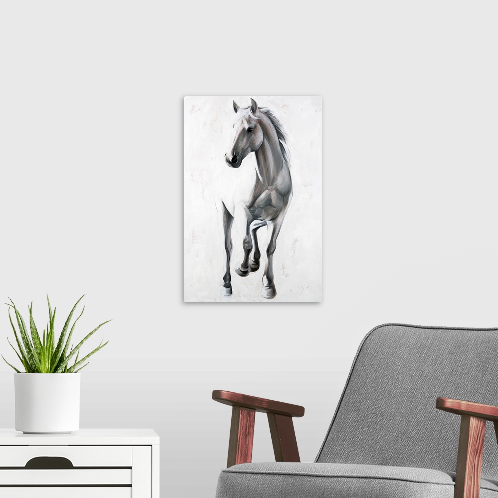 A modern room featuring Contemporary painting of a horse with 2 legs up in black and white with brown highlights.