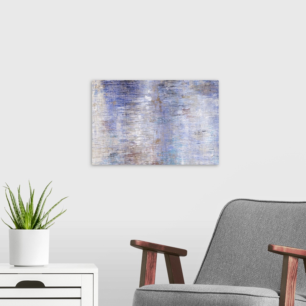 A modern room featuring A contemporary abstract painting using muted pale tones.