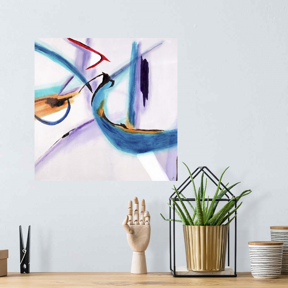 A bohemian room featuring Contemporary painting of multicolored lines intersecting in various directions on a simple, light...